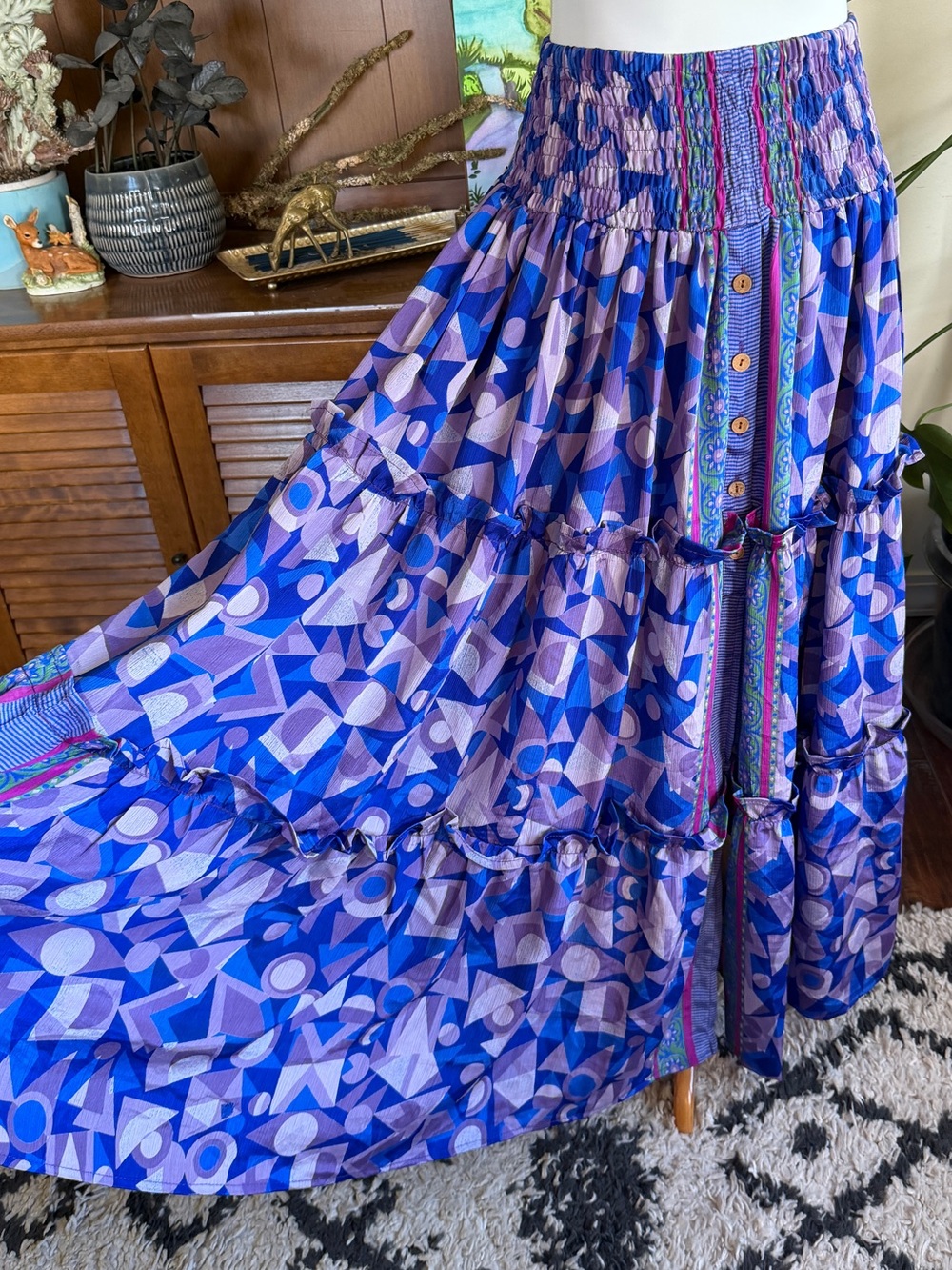 Kantha Bae Monarch Maxi Skirt Silk Vibrant Blue/Purple Geometric Print OS NWT